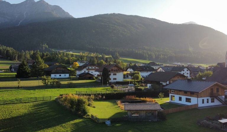 a group of houses in a grassy area with mountains in the background